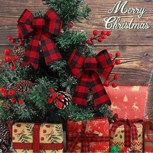 Christmas Bows Red Black Buffalo Plaid Traditional Christmas Decor 6” X 24pc NEW